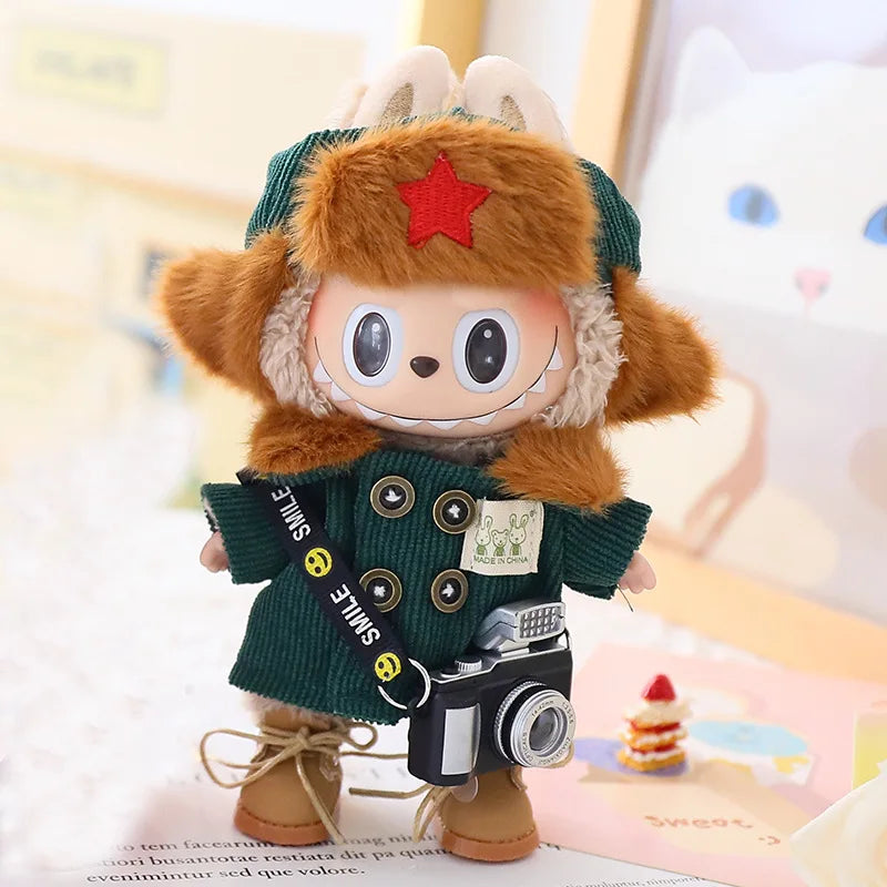 17cm Labubu I II Doll Clothing Doll Clothing Couple Clothing Military Coat Pink Rabbit Ear Skirt Shoe Hat Set Sitting Party Plus