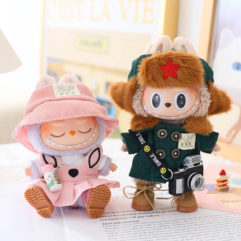17cm Labubu I II Doll Clothing Doll Clothing Couple Clothing Military Coat Pink Rabbit Ear Skirt Shoe Hat Set Sitting Party Plus