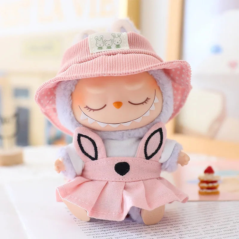 17cm Labubu I II Doll Clothing Doll Clothing Couple Clothing Military Coat Pink Rabbit Ear Skirt Shoe Hat Set Sitting Party Plus