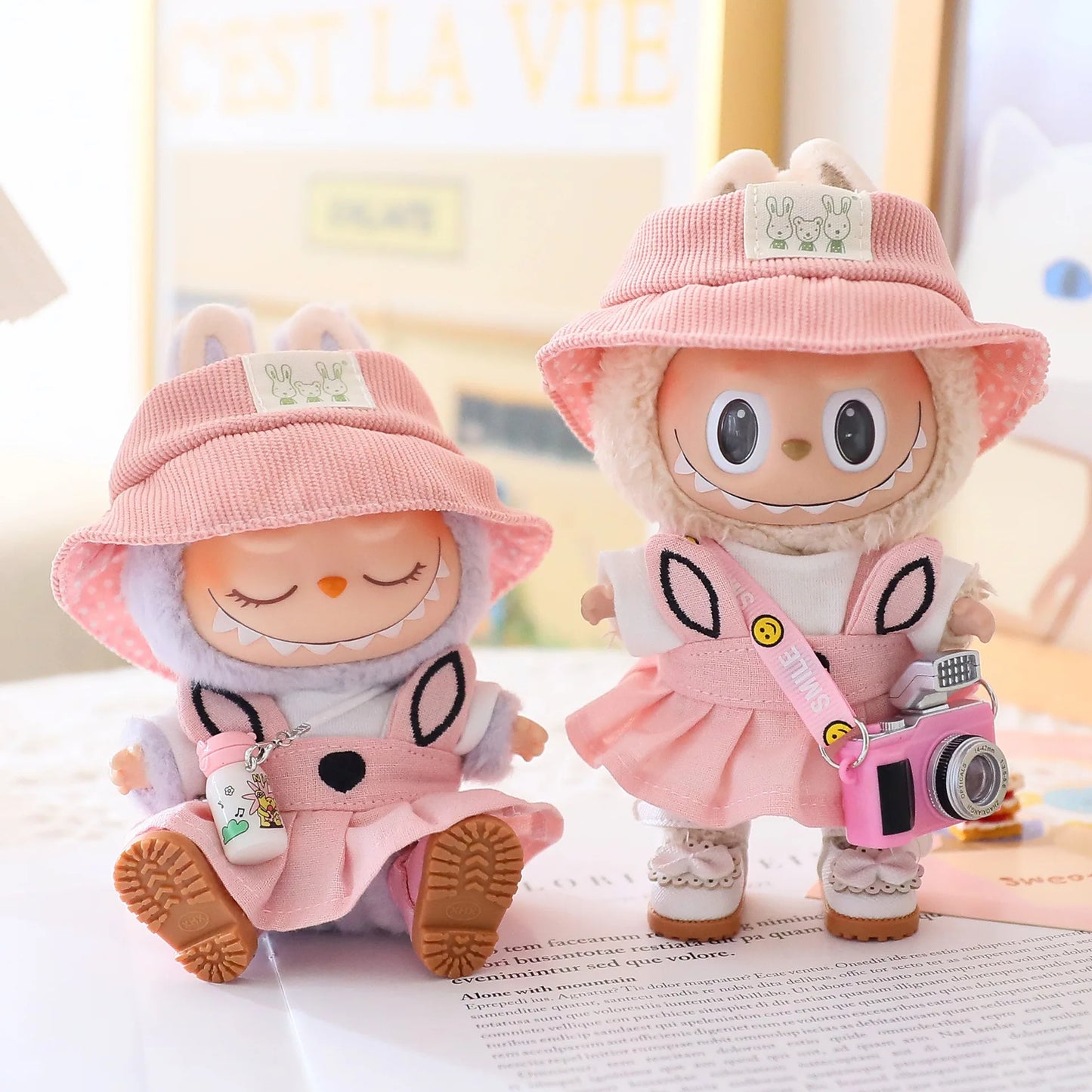 17cm Labubu I II Doll Clothing Doll Clothing Couple Clothing Military Coat Pink Rabbit Ear Skirt Shoe Hat Set Sitting Party Plus