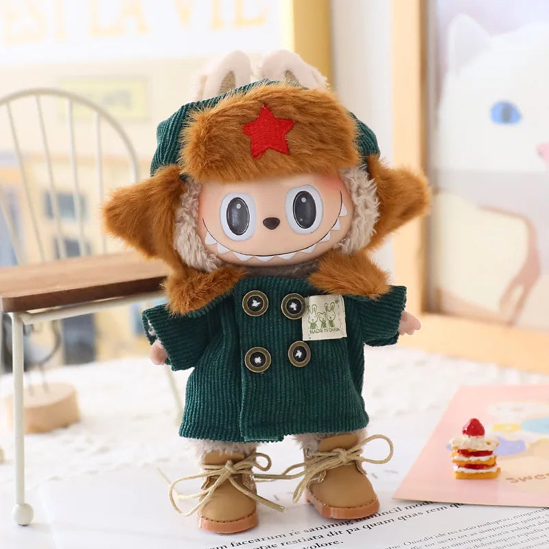 17cm Labubu I II Doll Clothing Doll Clothing Couple Clothing Military Coat Pink Rabbit Ear Skirt Shoe Hat Set Sitting Party Plus