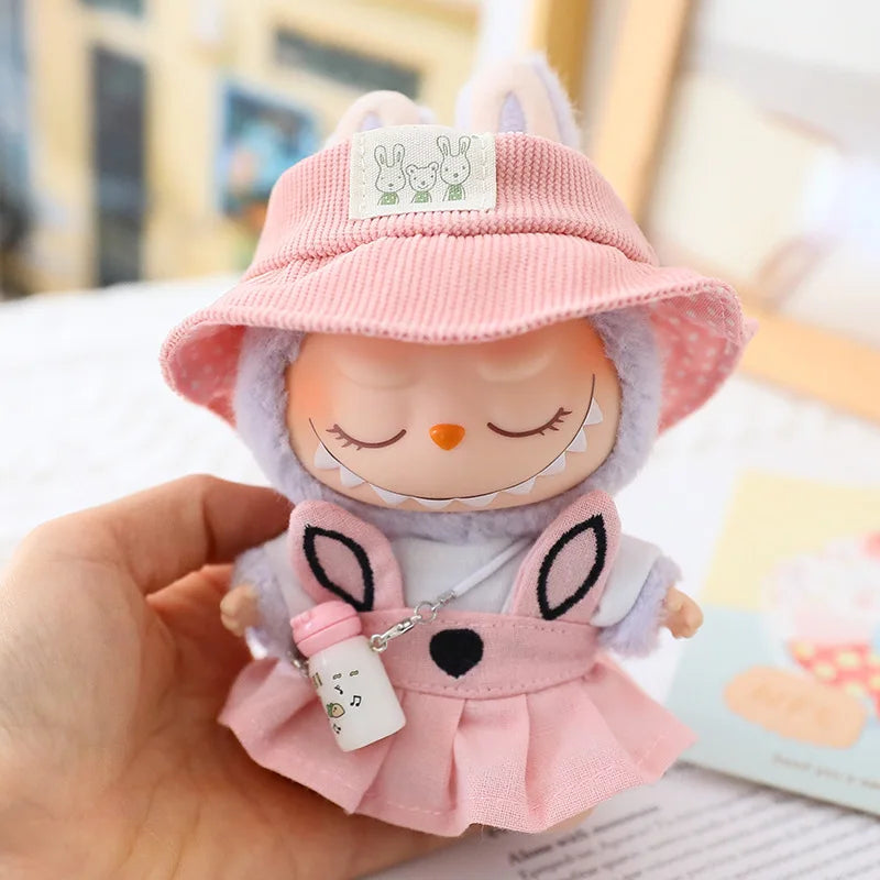 17cm Labubu I II Doll Clothing Doll Clothing Couple Clothing Military Coat Pink Rabbit Ear Skirt Shoe Hat Set Sitting Party Plus
