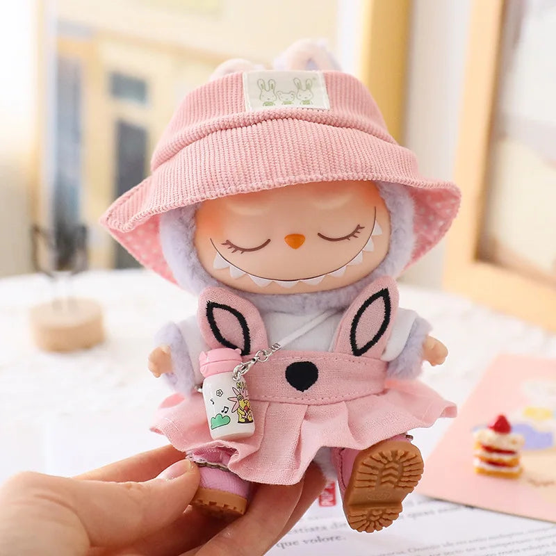 17cm Labubu I II Doll Clothing Doll Clothing Couple Clothing Military Coat Pink Rabbit Ear Skirt Shoe Hat Set Sitting Party Plus
