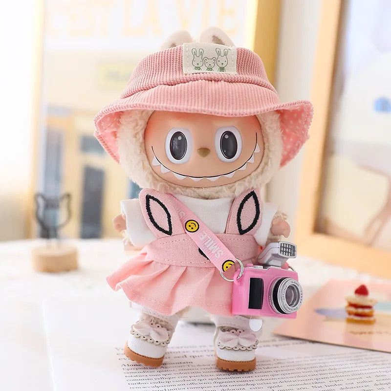 17cm Labubu I II Doll Clothing Doll Clothing Couple Clothing Military Coat Pink Rabbit Ear Skirt Shoe Hat Set Sitting Party Plus