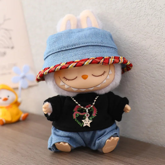 17cm Labubu I II Doll Clothing Doll Clothing Casual Black And White Love T-shirt Set Hat Sitting Party Plush Doll Clothing